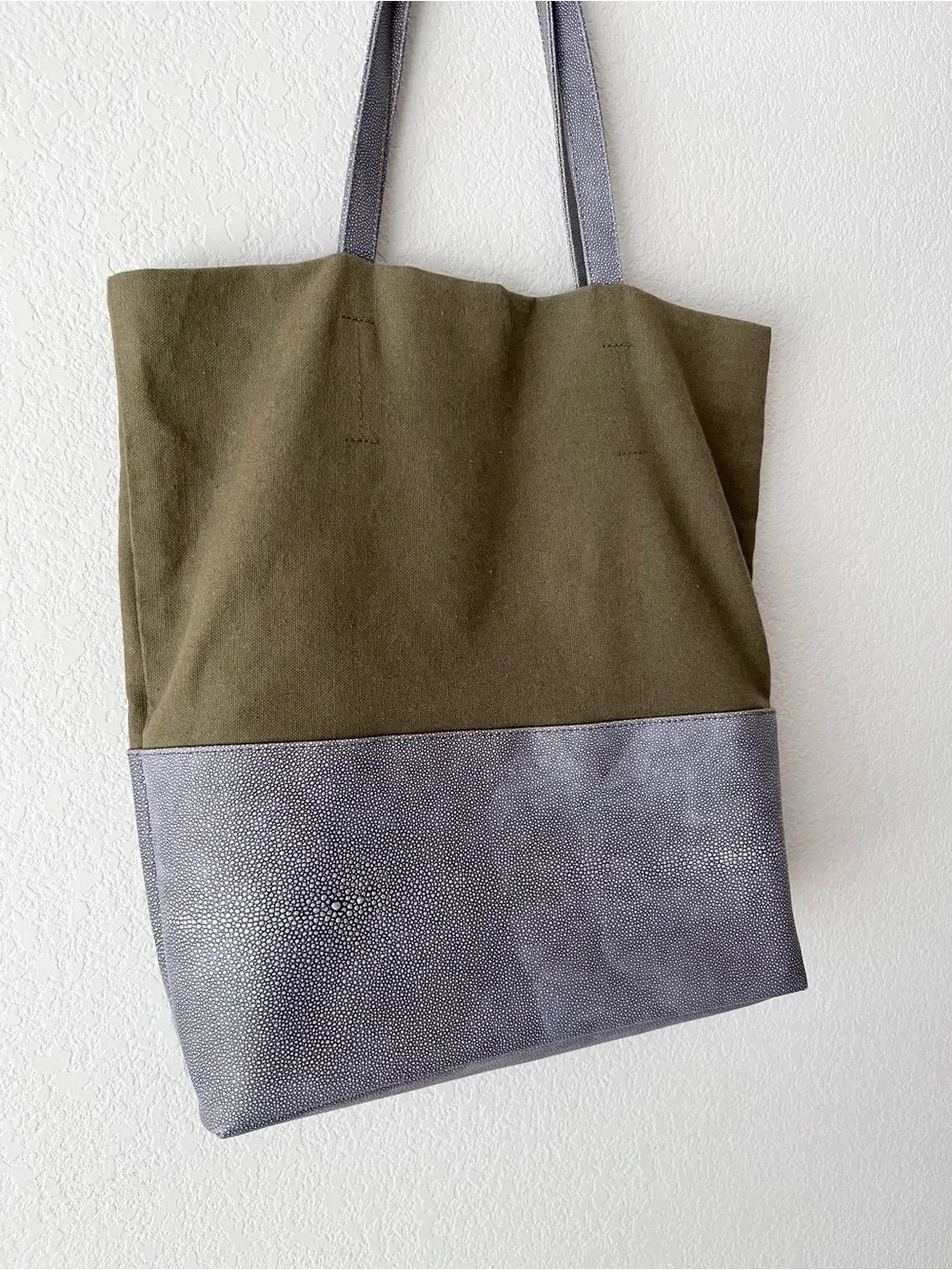 Large canvas and lizard embossed tote bag